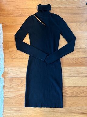Black Long-Sleeve Turtleneck Cutout Knit Dress